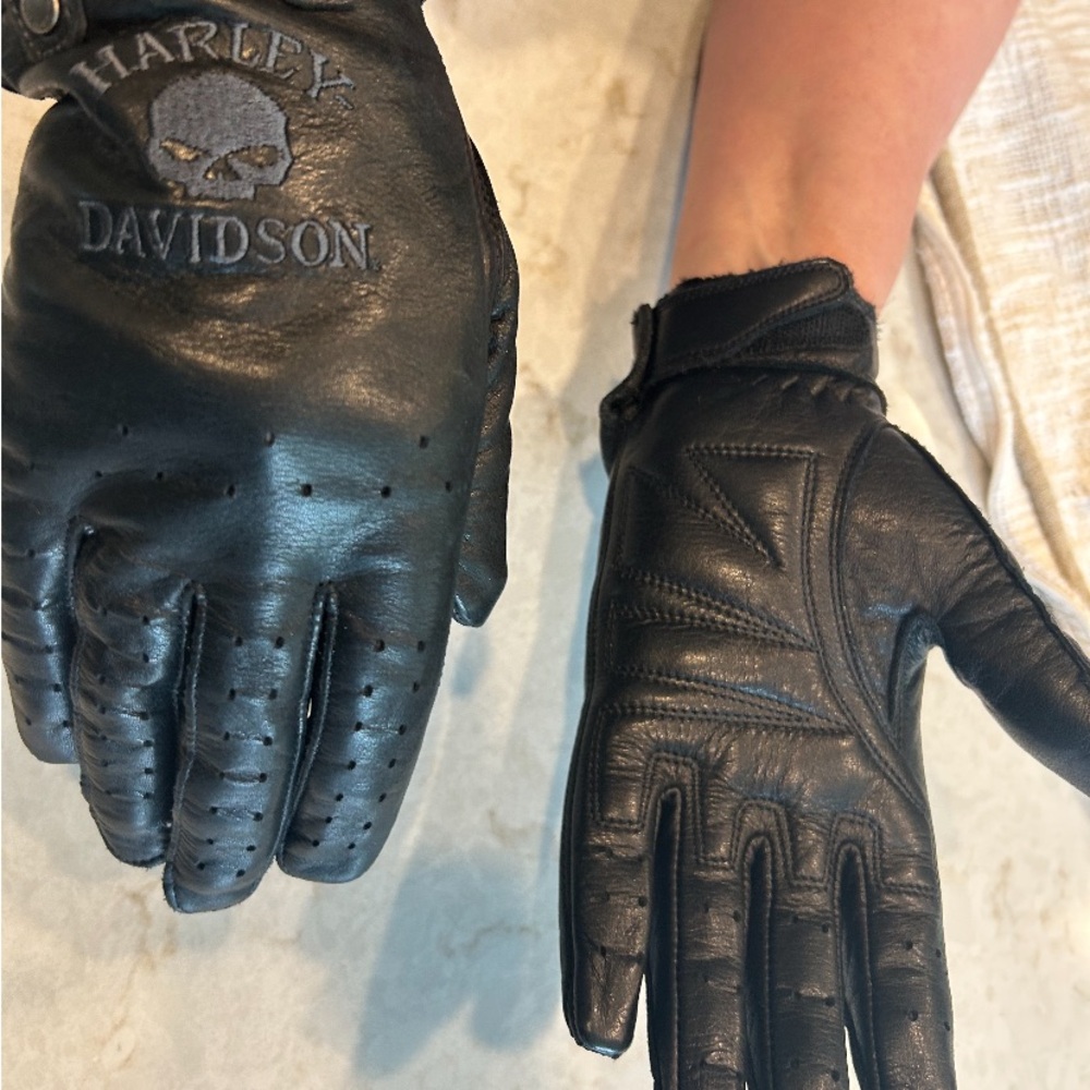 Womens black leather Harley Davidson riding gloves Size Large - Picture 2 of 7